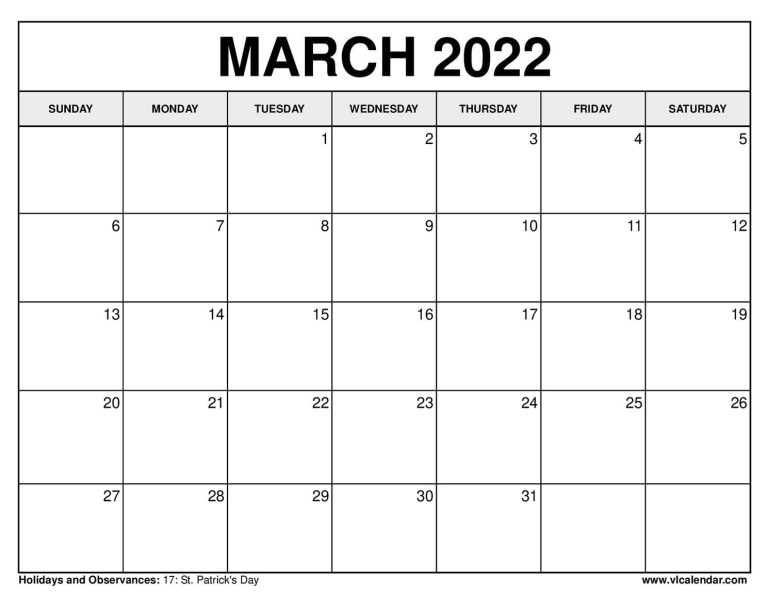 Printable March 2022 Calendar Templates with Holidays - VL Calendar