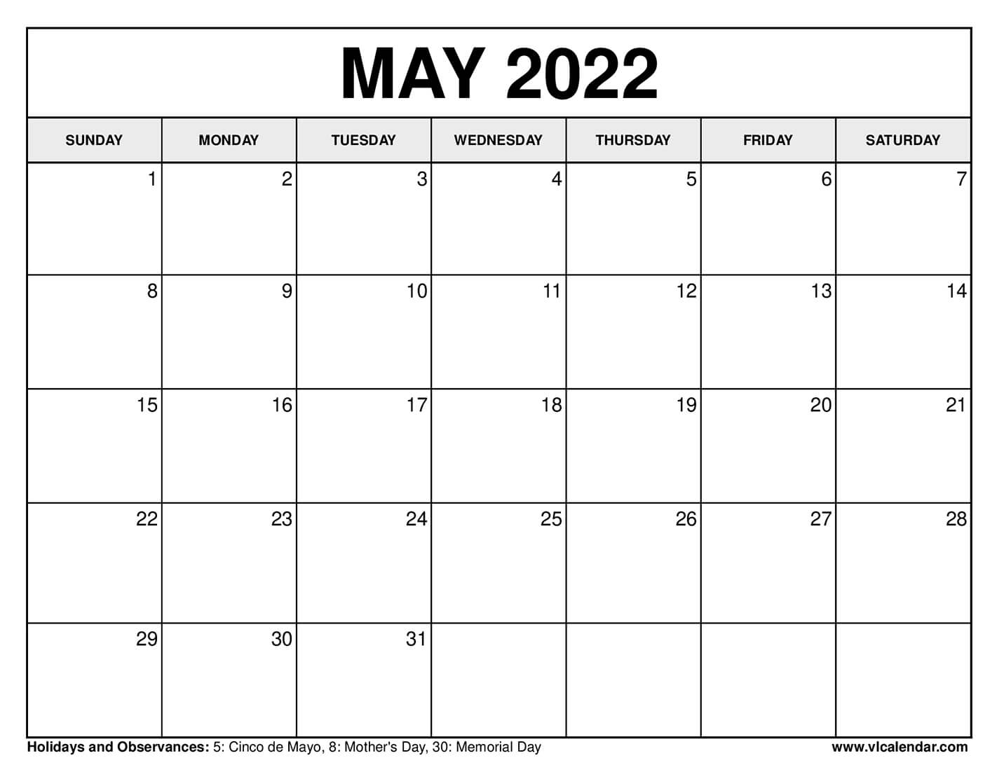 Printable May 2022 Calendar Templates With Holidays - Vl Calendar