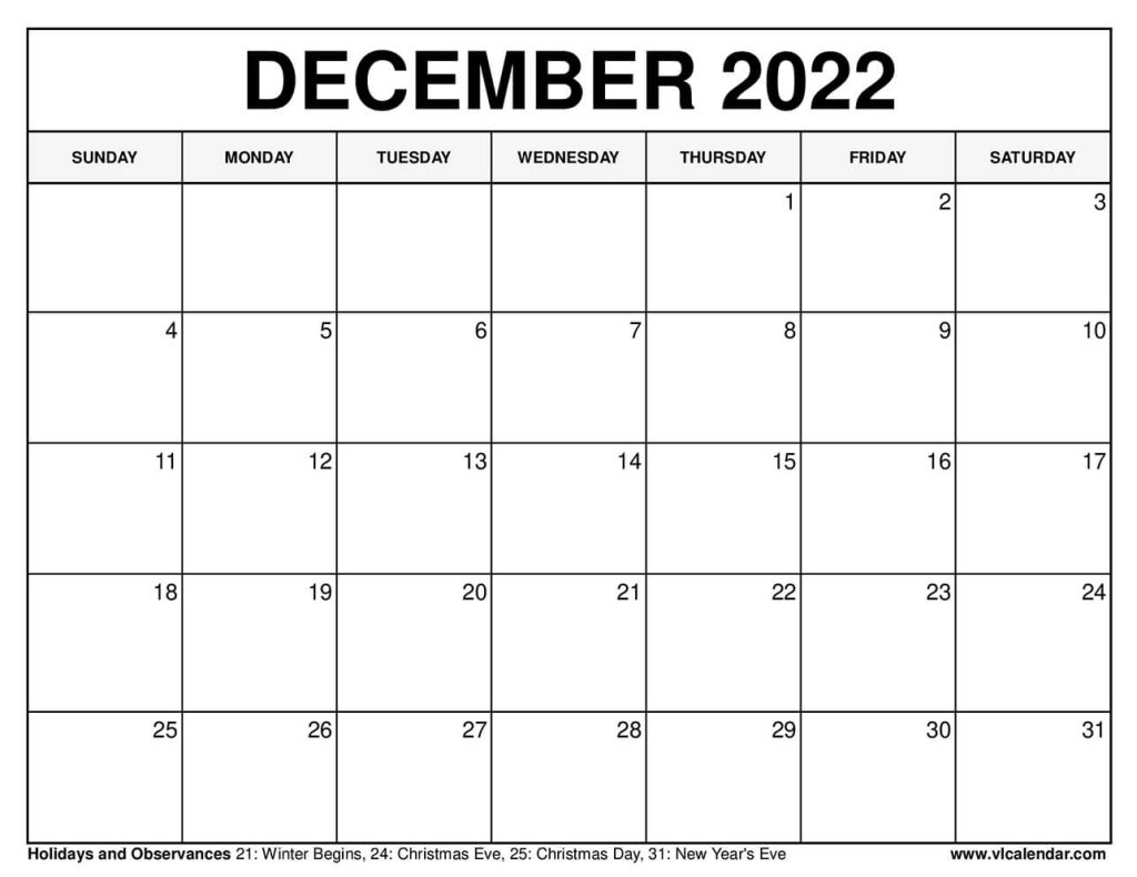 Printable December 2022 Calendar Templates with Holidays