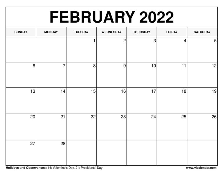 Printable February 2022 Calendar Templates with Holidays - VL Calendar