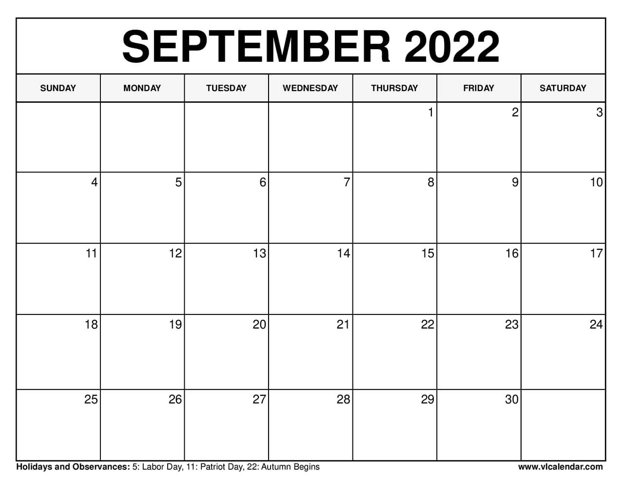 Printable September 2022 Calendar Templates with Holidays - VL Calendar