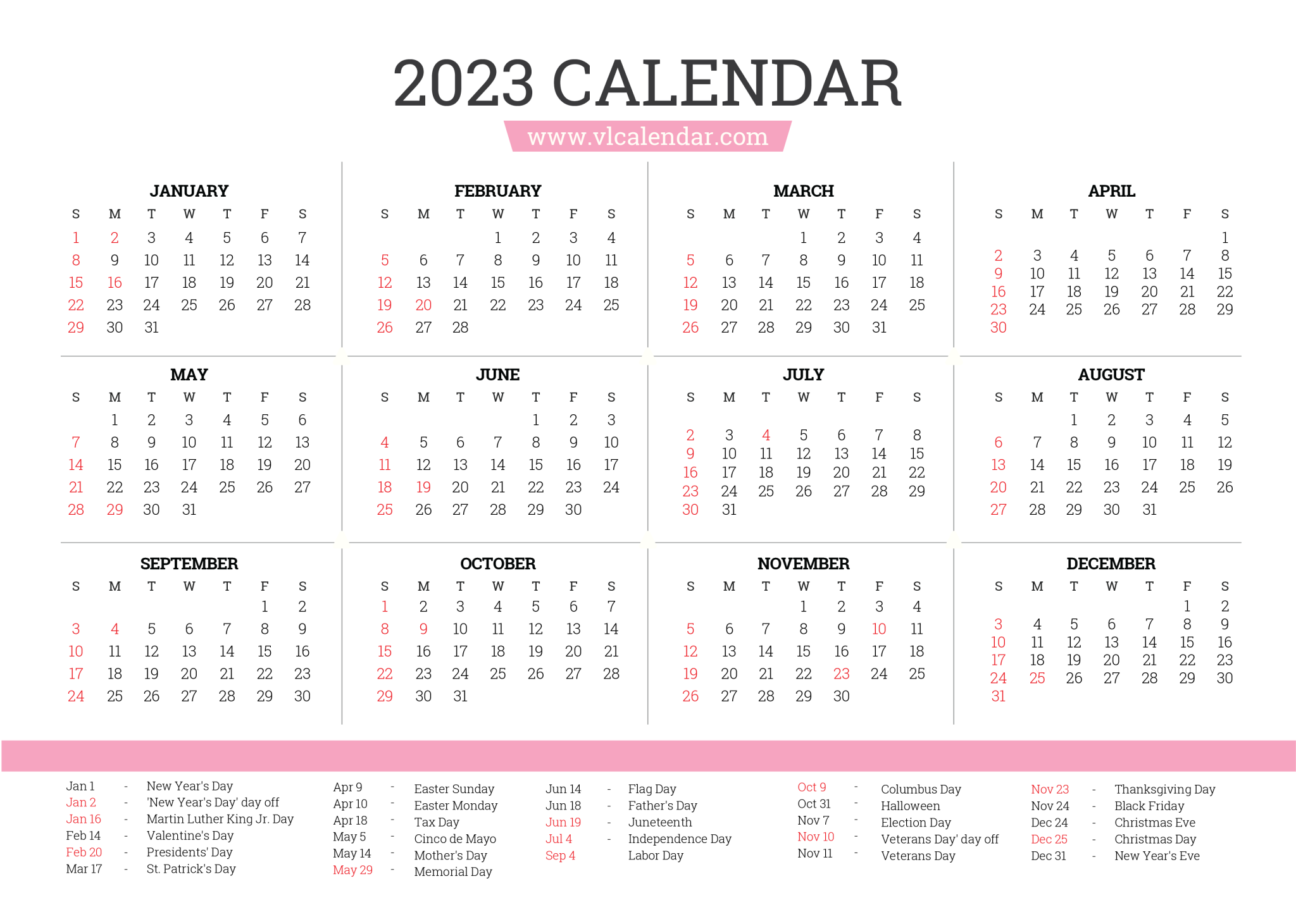 Year 2023 Calendar Printable Templates with Holidays VL Calendar