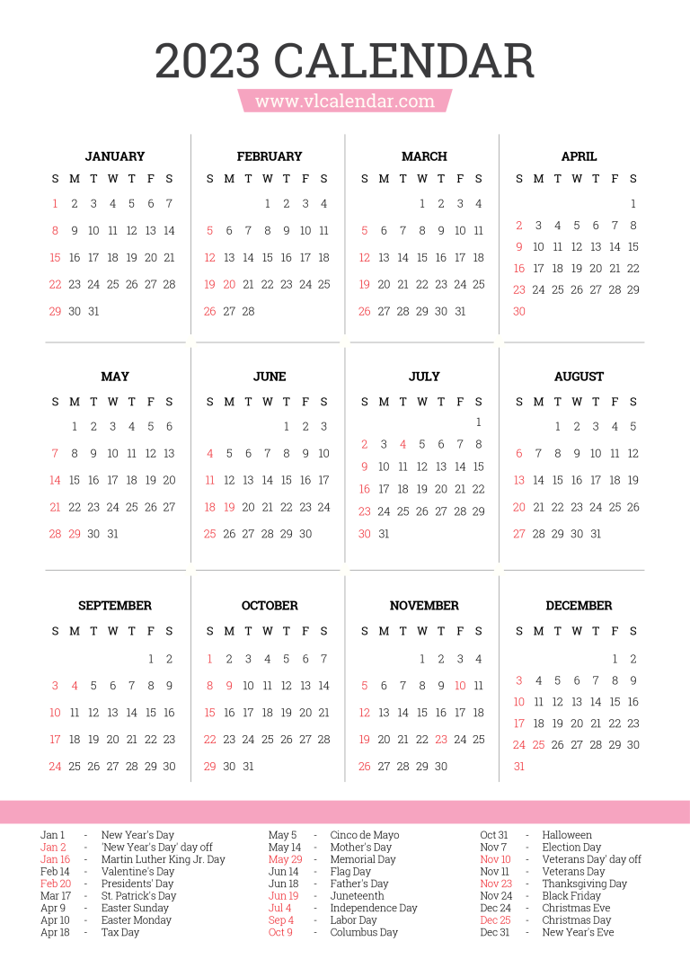 Year 2023 Calendar Printable Templates with Holidays - VL Calendar