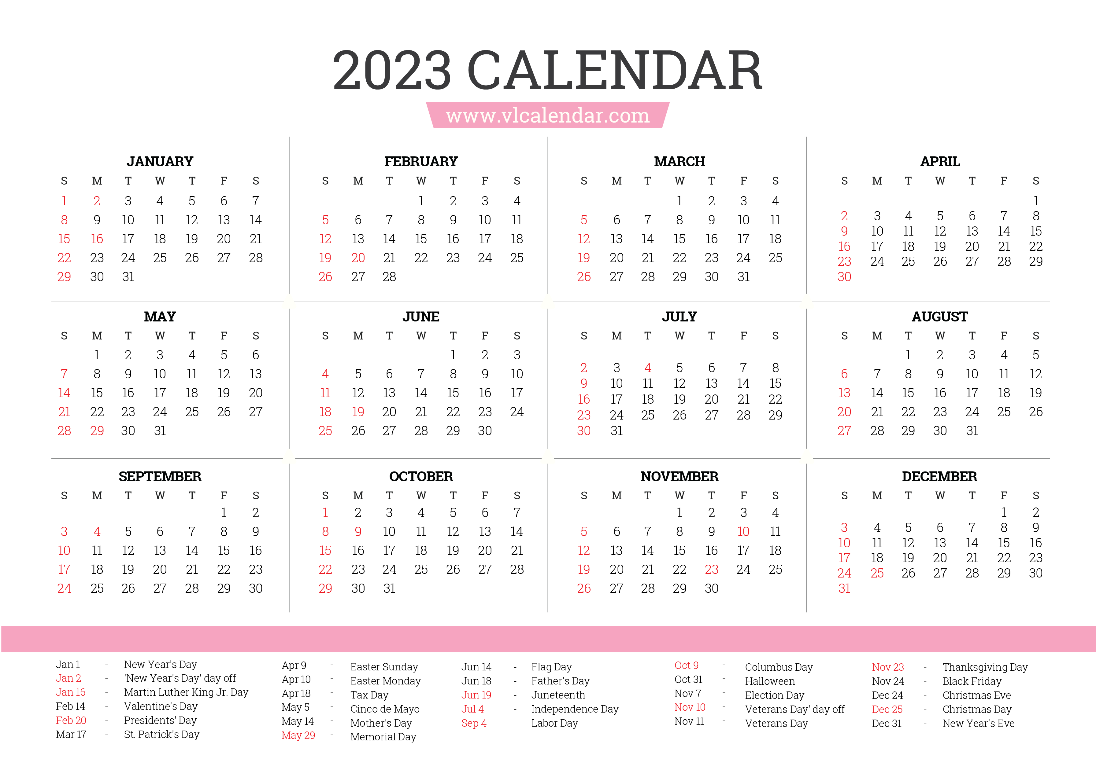 Year 2023 Calendar Printable Templates with Holidays - VL Calendar