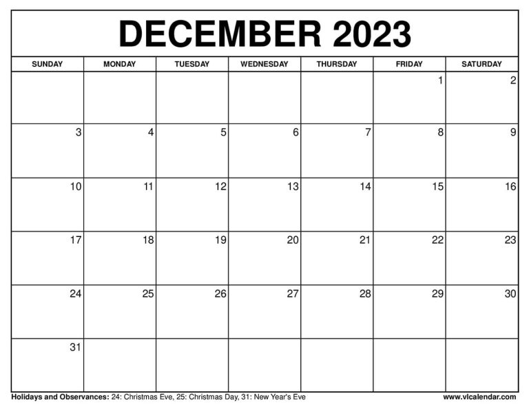 December 2023 Calendar Printable Templates with Holidays