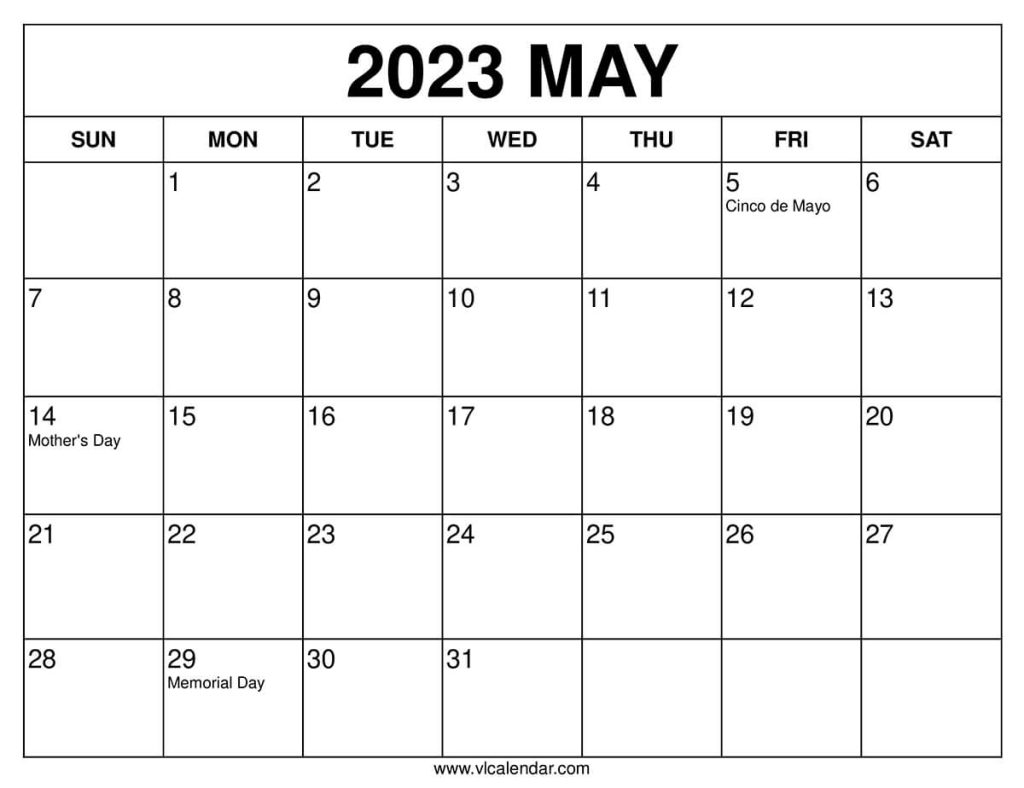 May 2023 Calendar Printable Templates with Holidays VL Calendar