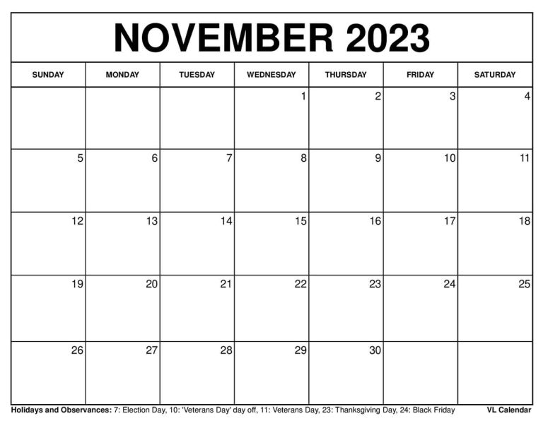 November 2023 Calendar Printable Templates with Holidays