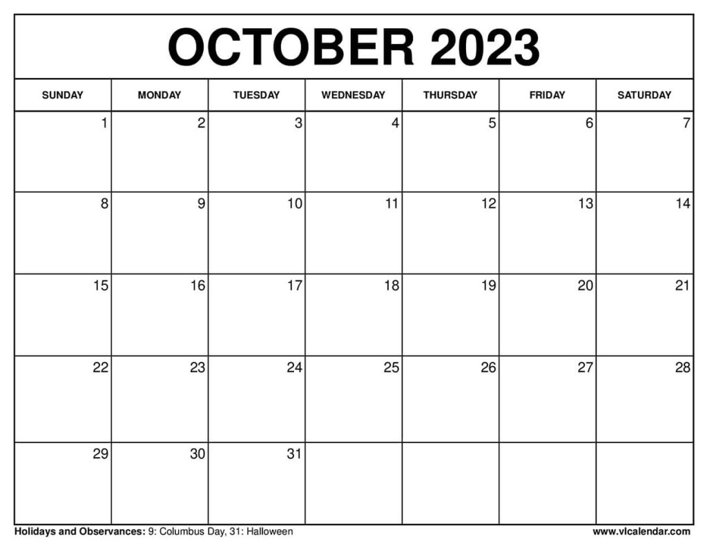 October 2023 Calendar Printable Templates with Holidays