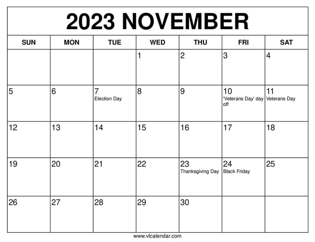 November 2023 Calendar Printable Templates with Holidays