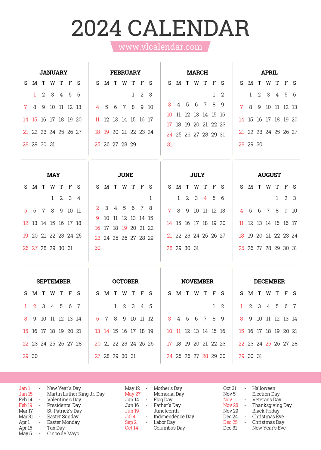 2024 Calendar: Yearly Printable Calendar With Holidays