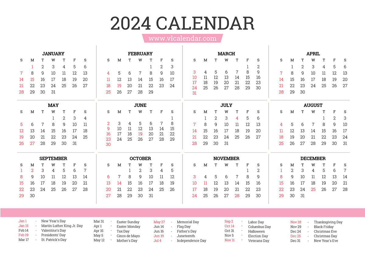 2024 Full Year Calendar Printable With Holidays Kath Sarita