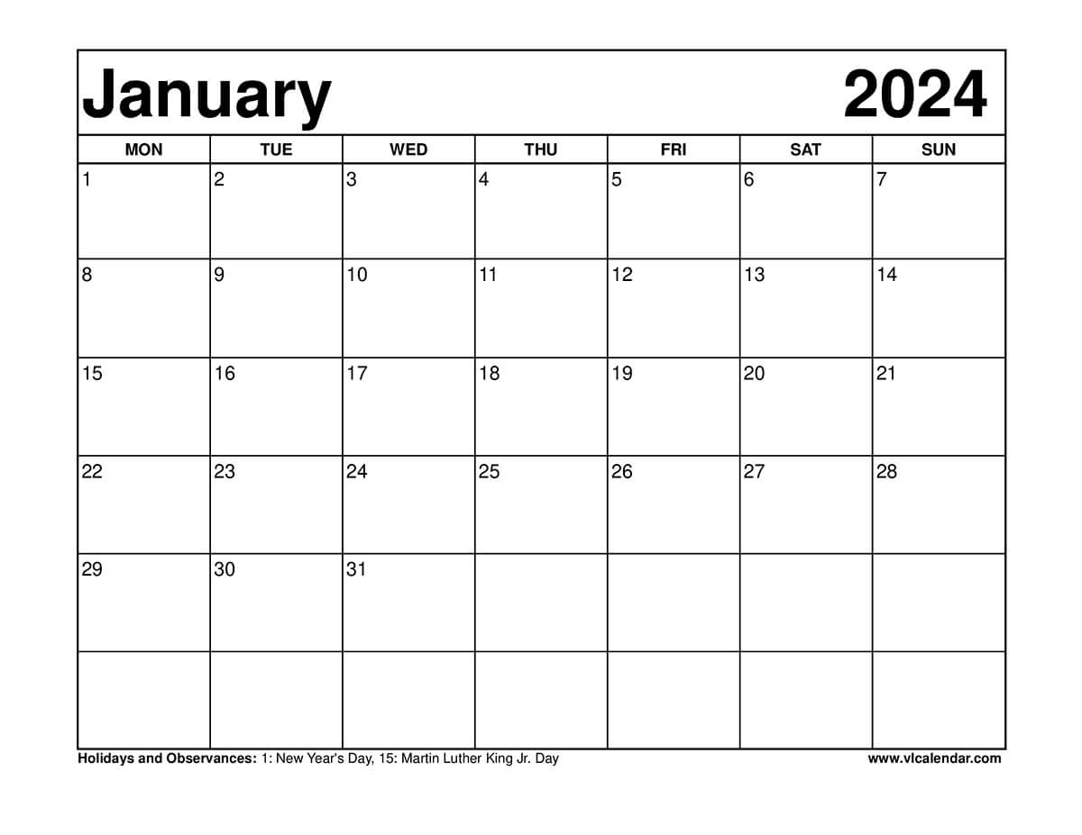 January 2024 Calendar Printable Template with Holidays