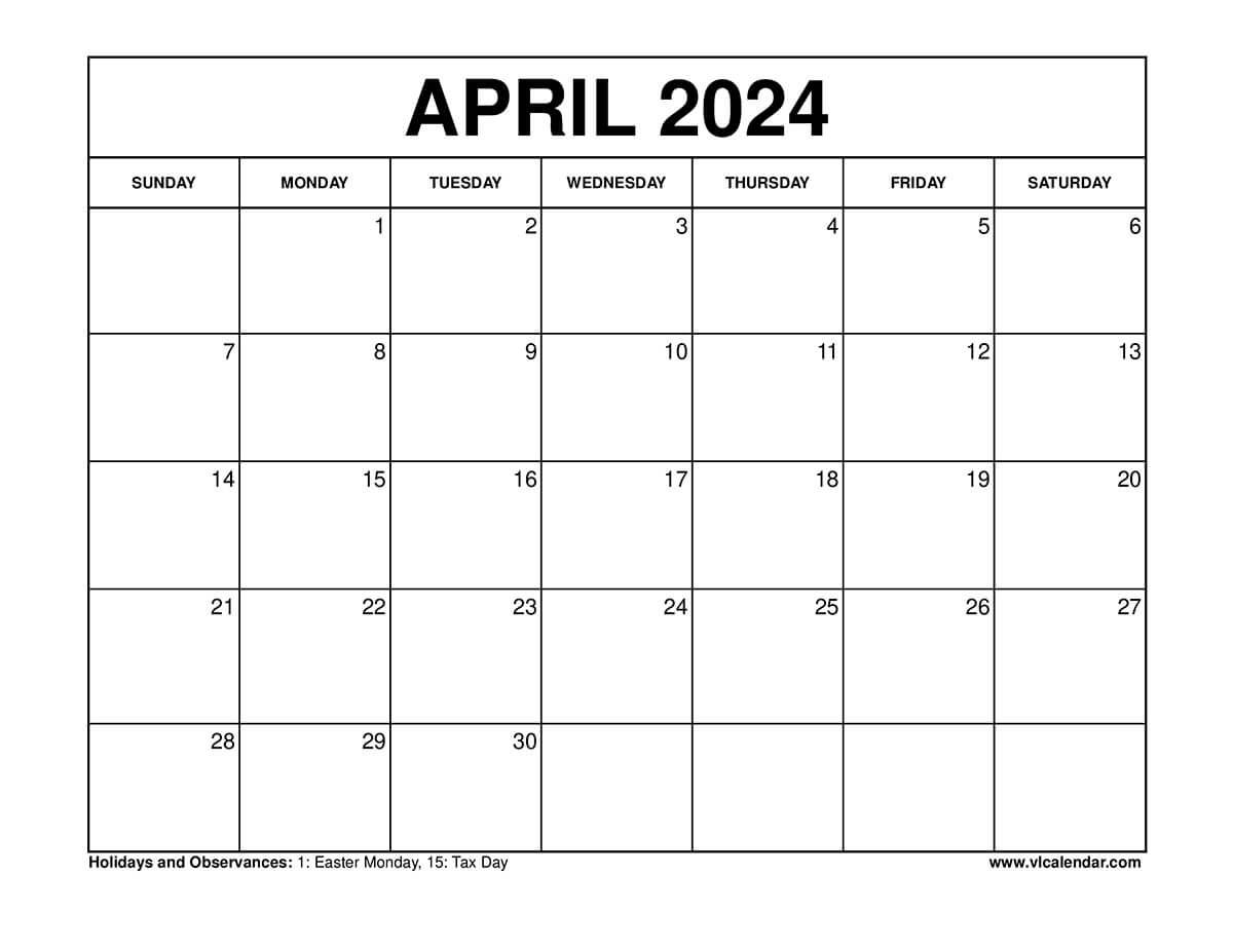 Blank April 2024 Calendar Printable PDF Template With Holidays