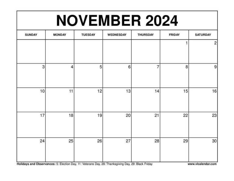 November 2024 Calendar Printable Templates with Holidays