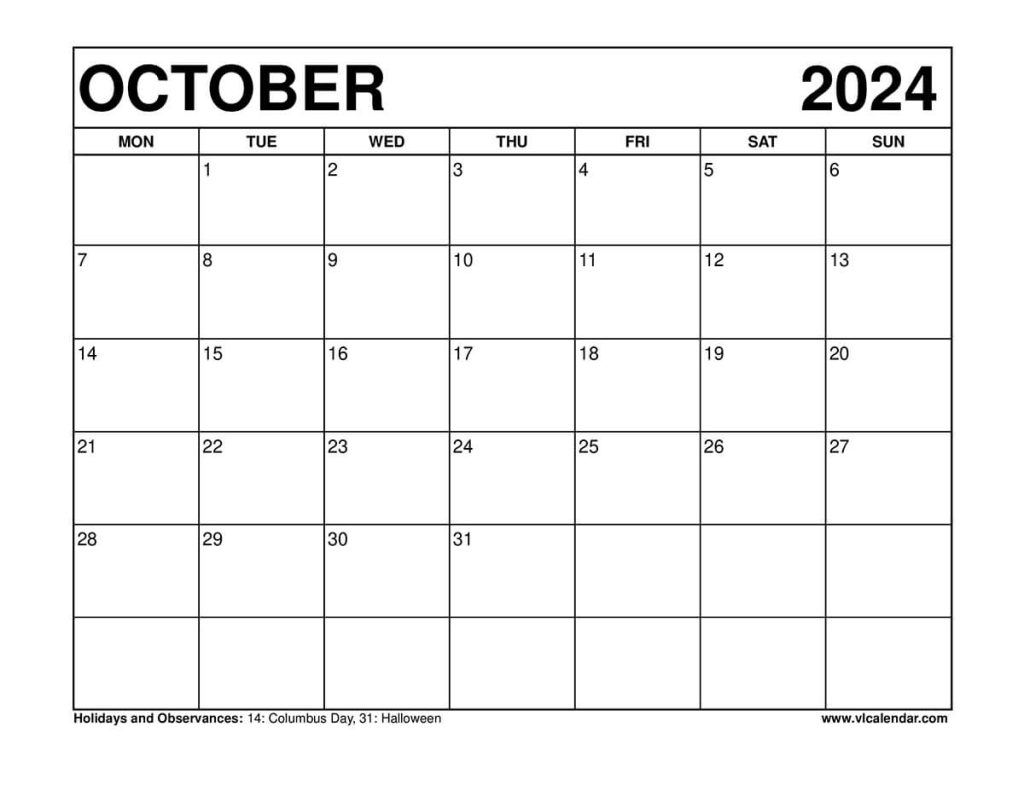 October 2024 Calendar Printable Templates with Holidays